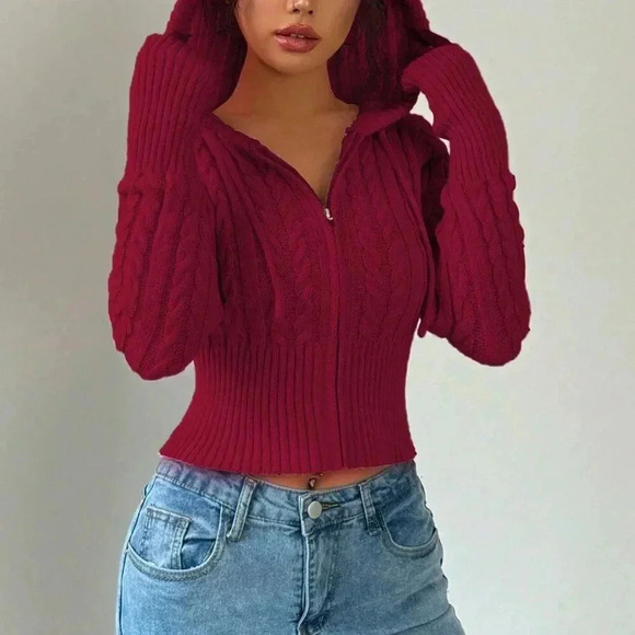 Red Casual Women's Plain Zippered Hooded Drawstring Cardigan - Picture 3 of 5